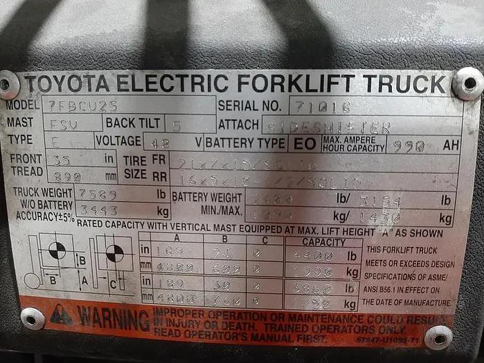 Used Toyota 7FBCU25 – 5000 lb. Electric Forklift