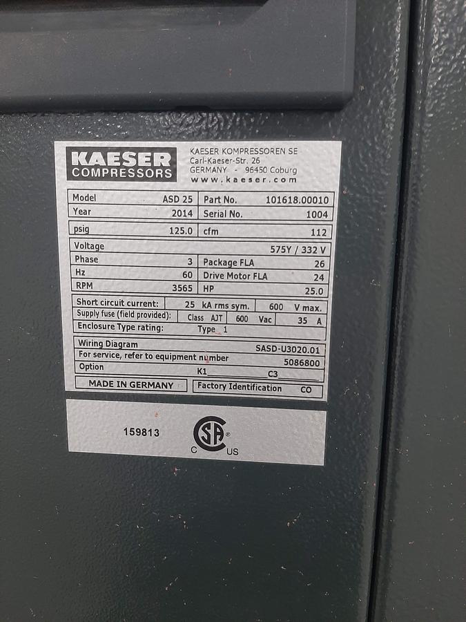 Used KAESER  ASD 25 – 25HP Rotary Screw Compressor Package