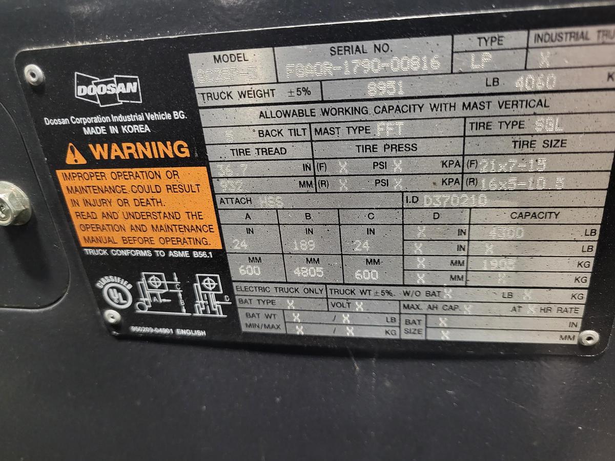 Used 2016 DOOSAN GC25P-5 – 5000 lb. Propane Forklift