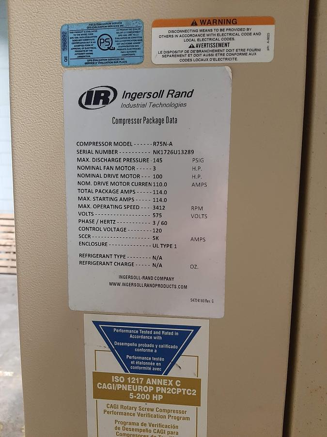 Used INGERSOLL RAND – R75N Nirvana 100HP VSD Compressor