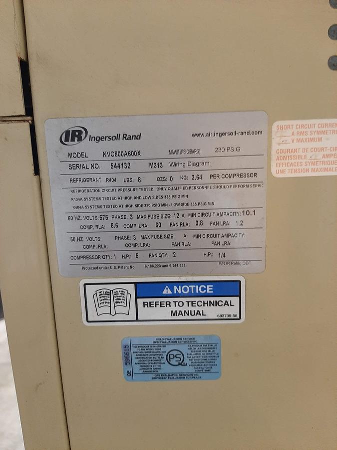 Used INGERSOLL RAND – NVC800A600 Refrigerated Air Dryers
