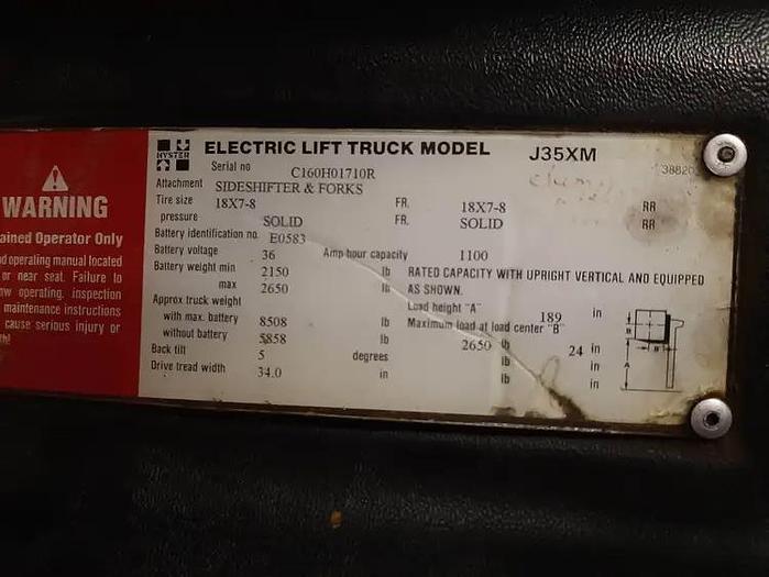 Used Hyster J35XM 3 Wheel Electric Forklift