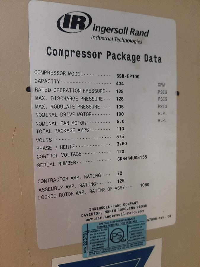 Used INGERSOLL RAND – SSR-EP100, 100HP Compressors