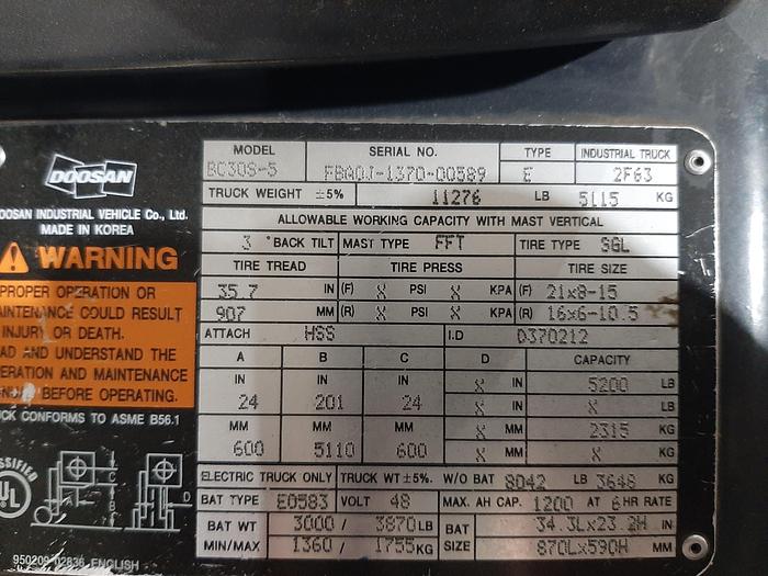 Used Doosan  BC30S-5 – 6000 lb. Forklift