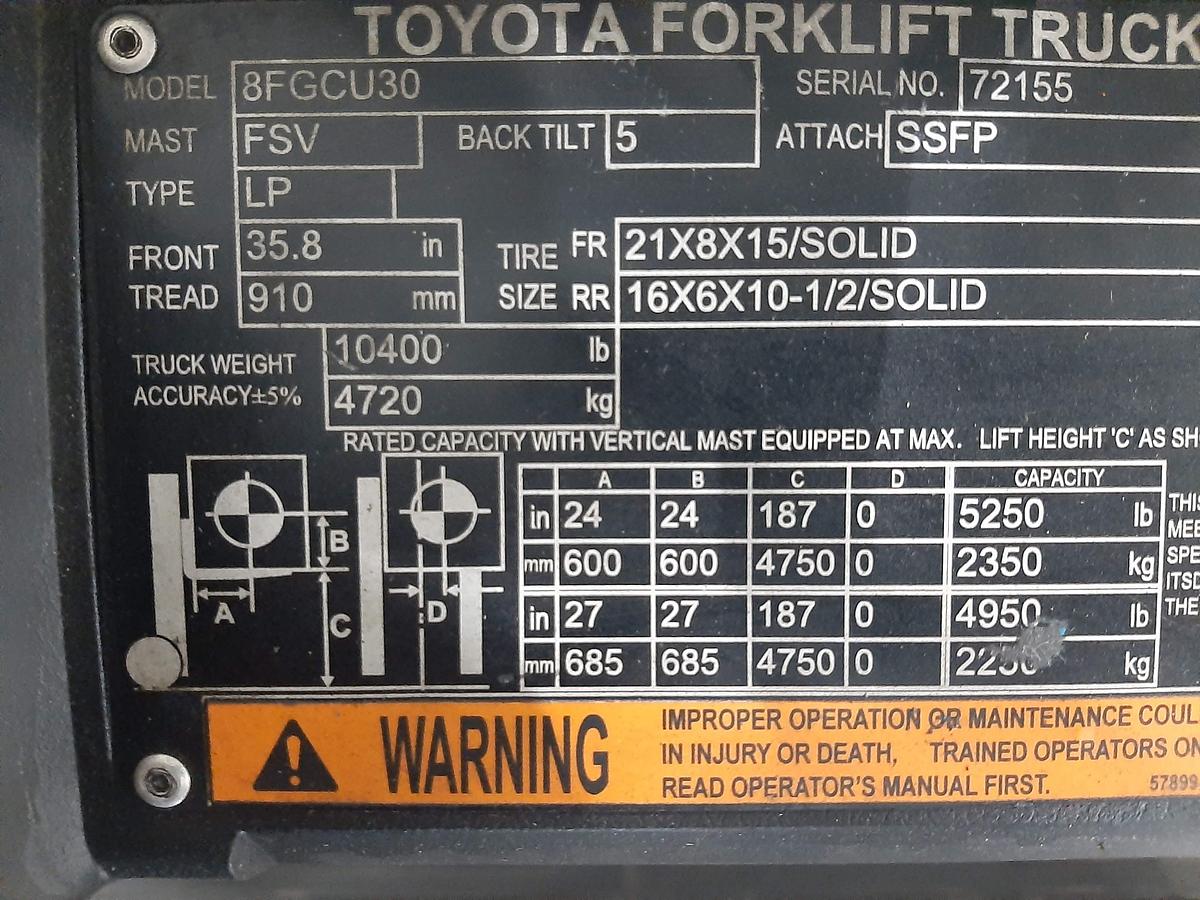 Used 2019 TOYOTA 8FGCU30 – 6000 lb. Forklift