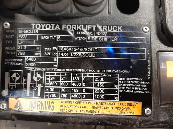 Used 2018 TOYOTA 8FGCU15 – 3000 lb. Forklift