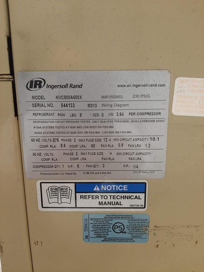 Used INGERSOLL RAND – NVC800A600 Refrigerated Air Dryers