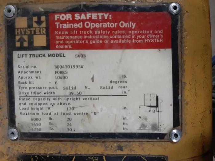 Used Hyster S60B – 6000 lb. Forklift