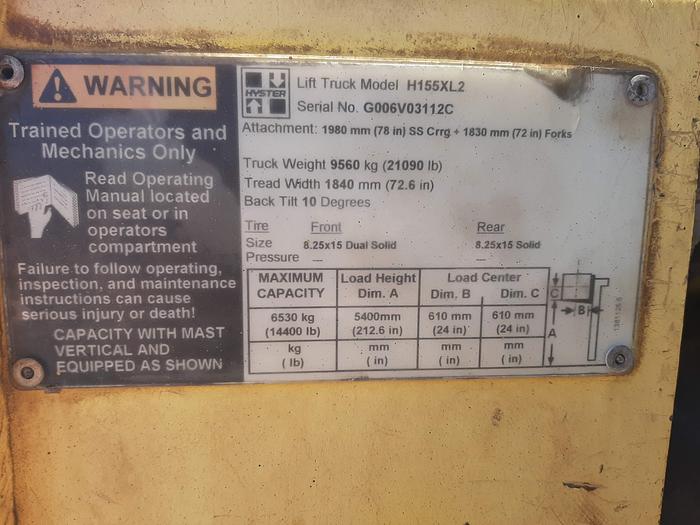 Used 2005 Hyster H155XL2 – 15500 lb. Pneumatic Forklift