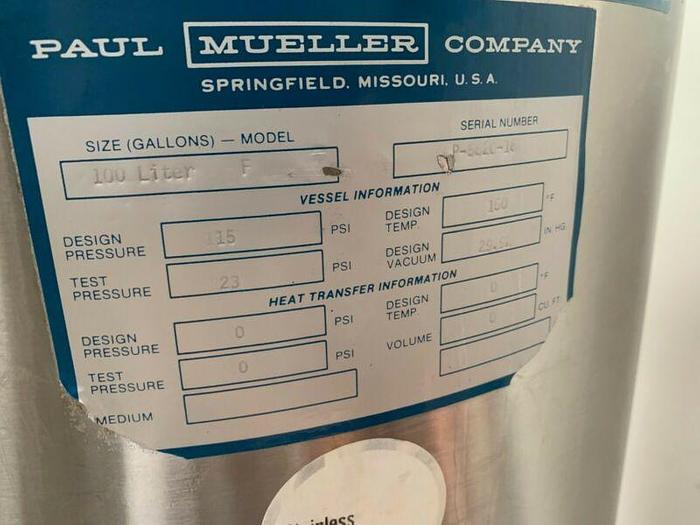 Used Paul Mueller 100 Liter Stainless Steel Bioreactor w/ Mixer