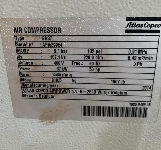 Used 50 HP Atlas Copco Rotary Screw Air Compressor