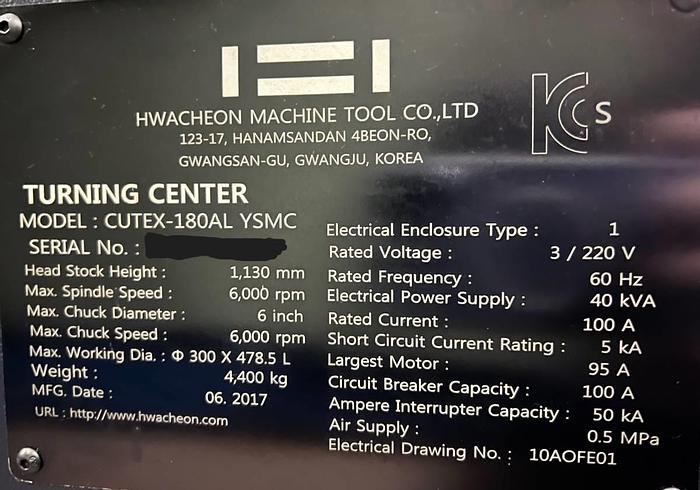 Used 2018 HWACHEON CUTEX 180AL YSMC CNC Turning Center with Live Tooling Y-Axis Sub Spindle & Bar Feeder