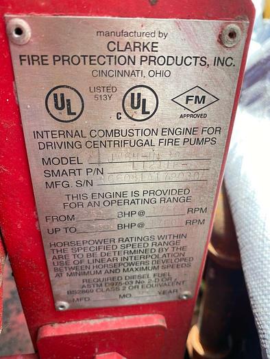 Used Clarke Fire Suppression Water Pump Sprinkler System Engine Model:  JW6H-UF38