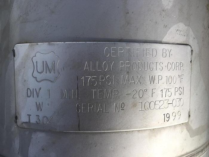 Used Alloy Products approximately 5 gallon 304 stainless steel pressure tank
