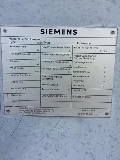 Used Siemens SDV VS1700SP 15.5KV Vacuum Breakers