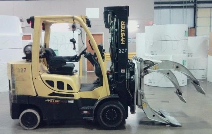 Used 10,000 POUND HYSTER MODEL S100FTBCS FORKLIFT WITH 75" DIAMETER CASCADE CLAMP