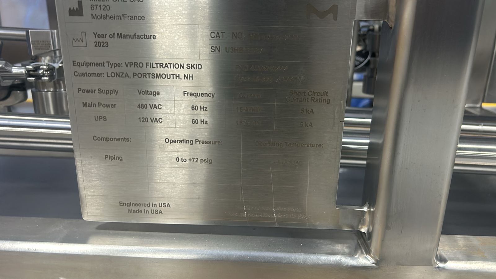 Used Filtration Skid - Millipore - VPRO - PR015