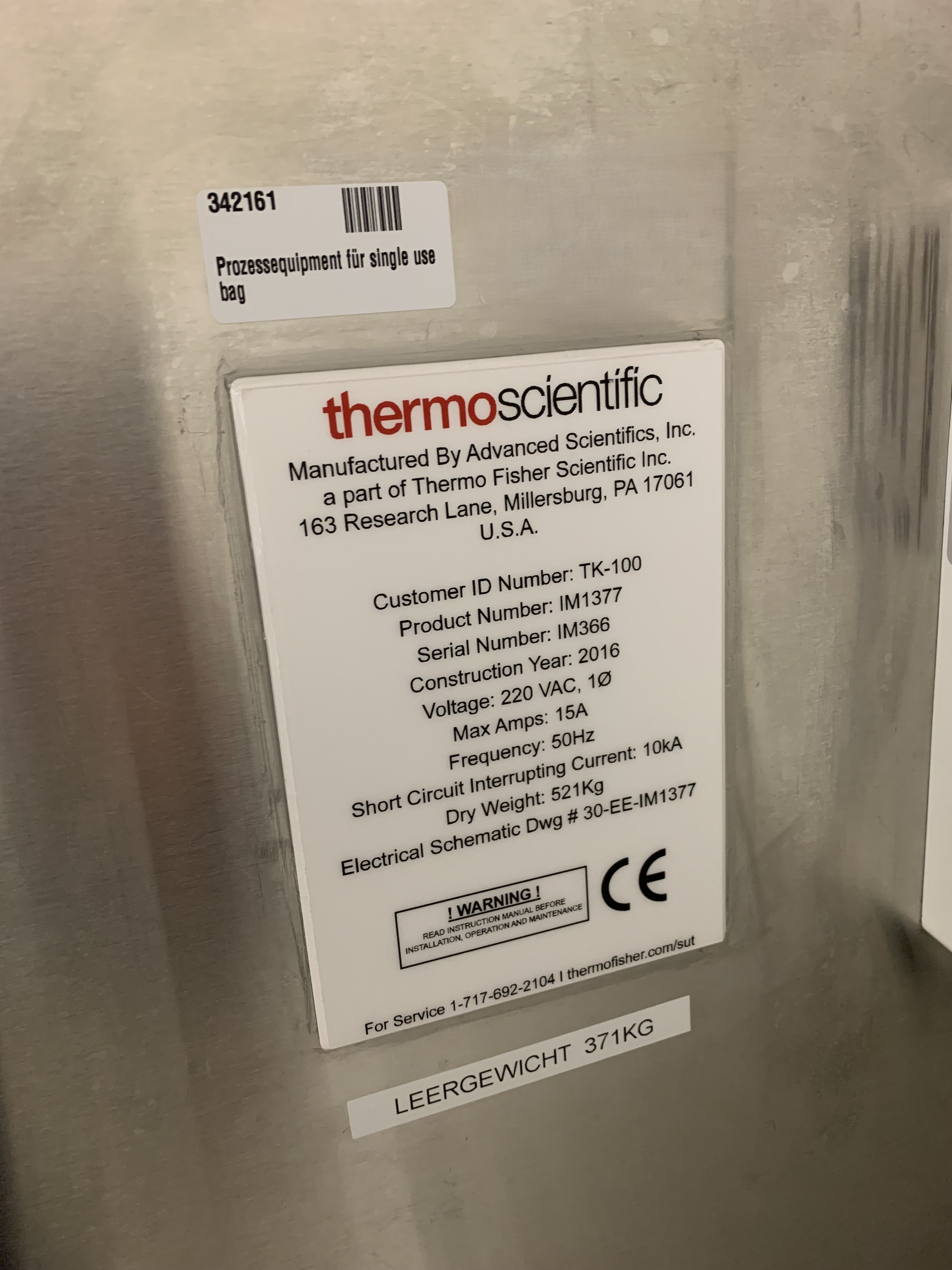 Used Single Use Bag Inflation System Big Size - Thermofisher - IM1377 - GR.005.GM