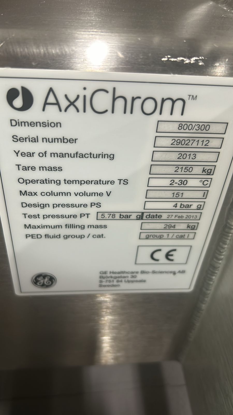 Used Chromatography Column - Ge Healthcare - Axichrom 800/300 - C-26130