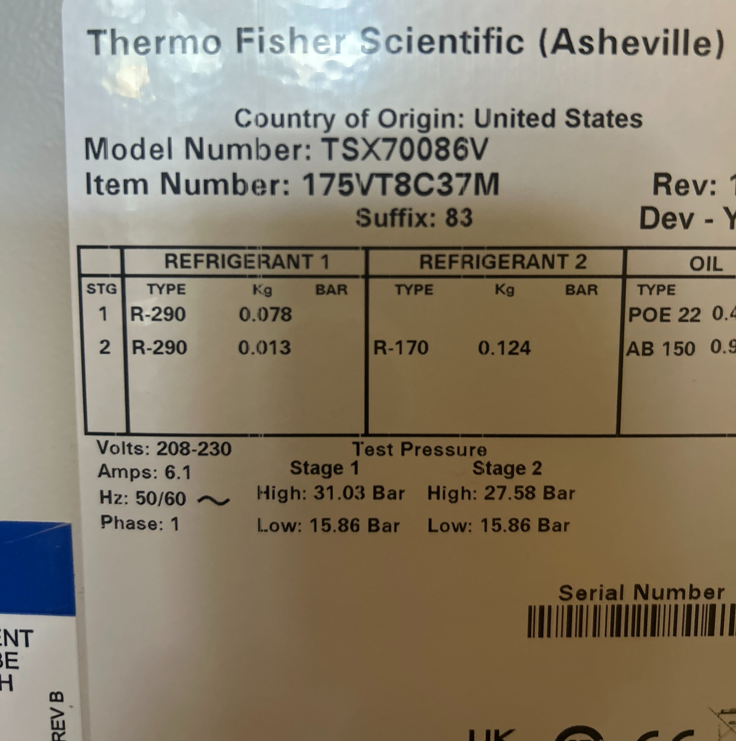 Used Freezer -86℃ - Thermo Fisher Scientific - TSK70086V - BTH189