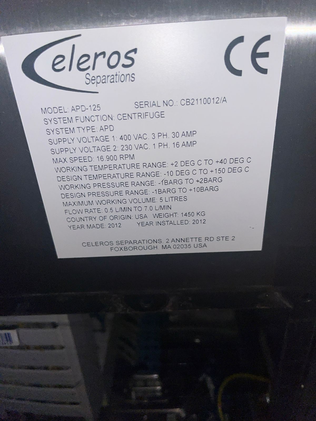 Used Continuous Centrifuge - Celeros - APD-125 - DK774, DK775