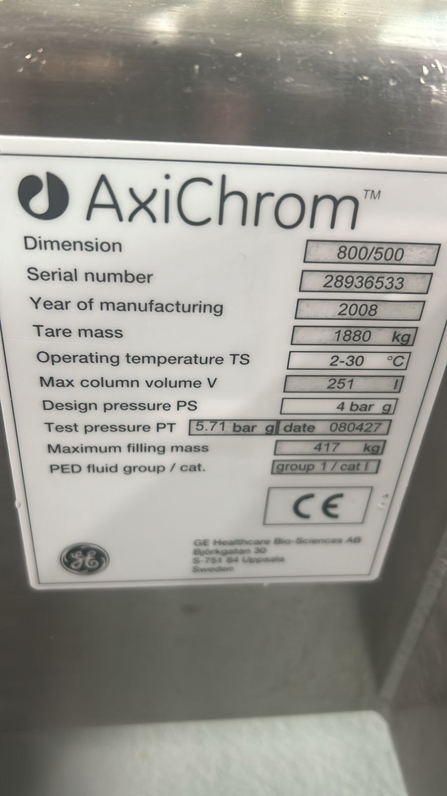 Used Chromatography Column - Ge Healthcare - Axichrom 800/500 - PR011