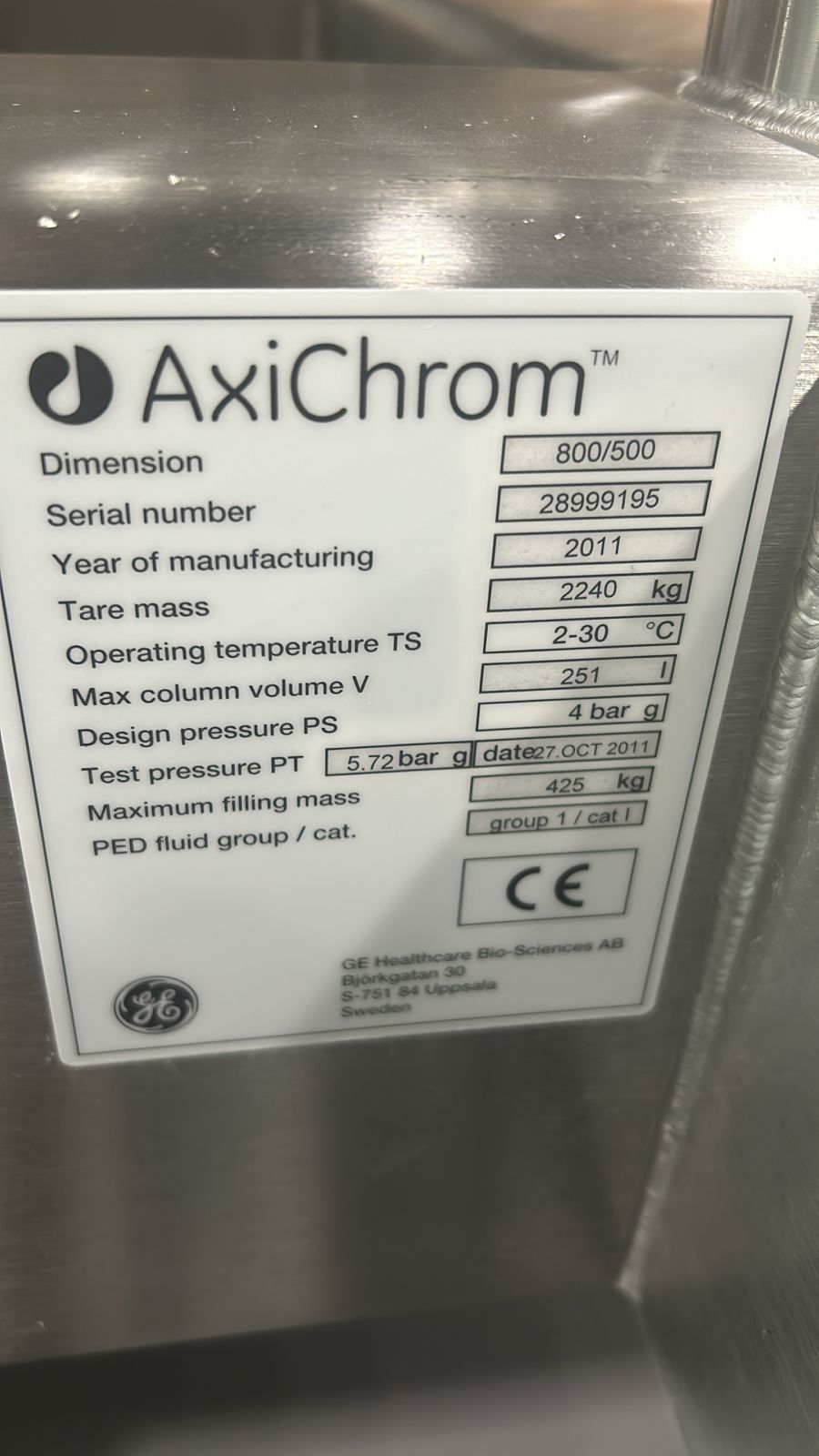 Used Chromatography Column - Ge Healthcare - Axichrom 800/500 - C-26110