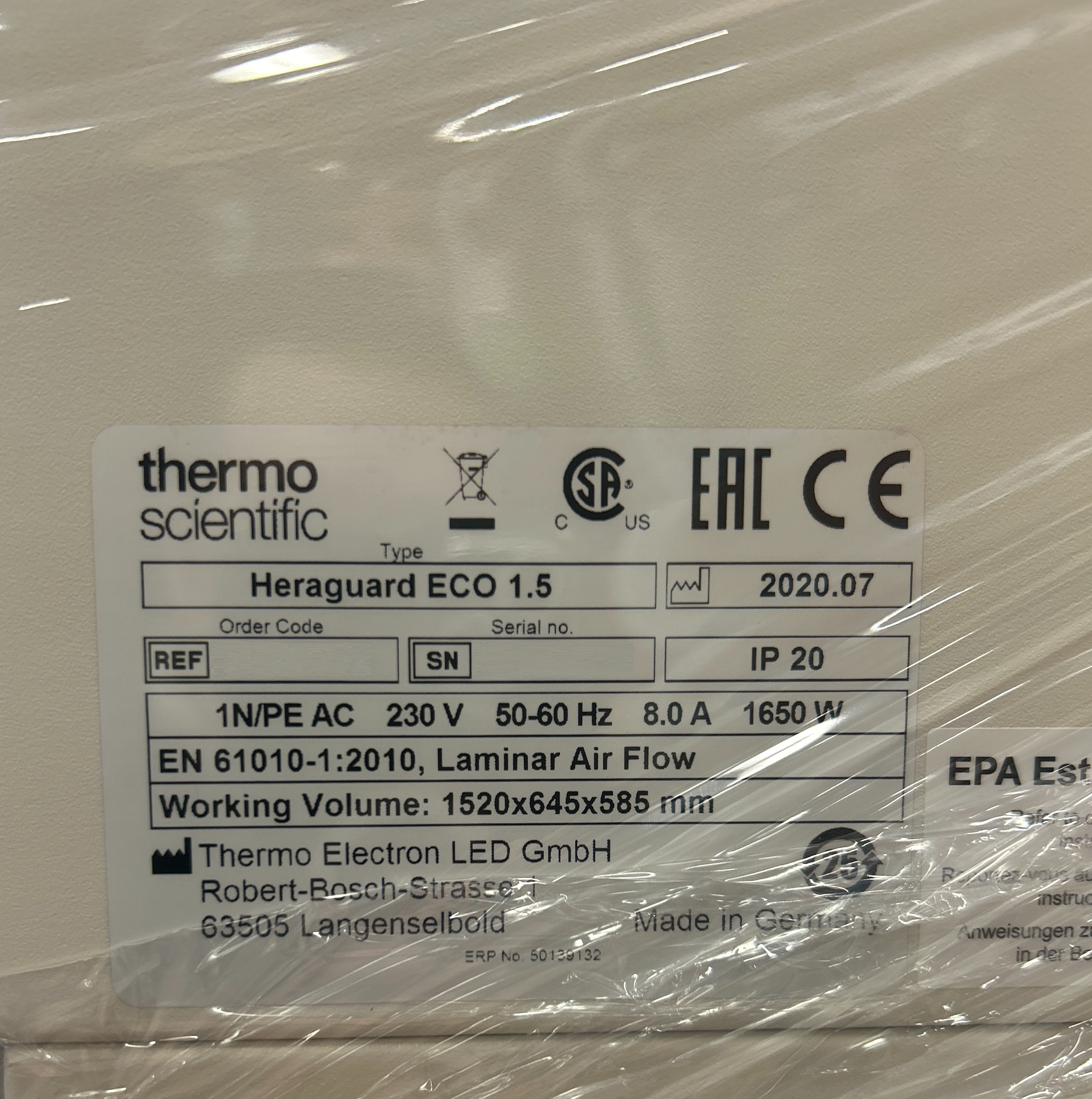 Used Laminar Flow - Thermo Fisher Scientific - Heraguard Eco 1.5 - BTH139