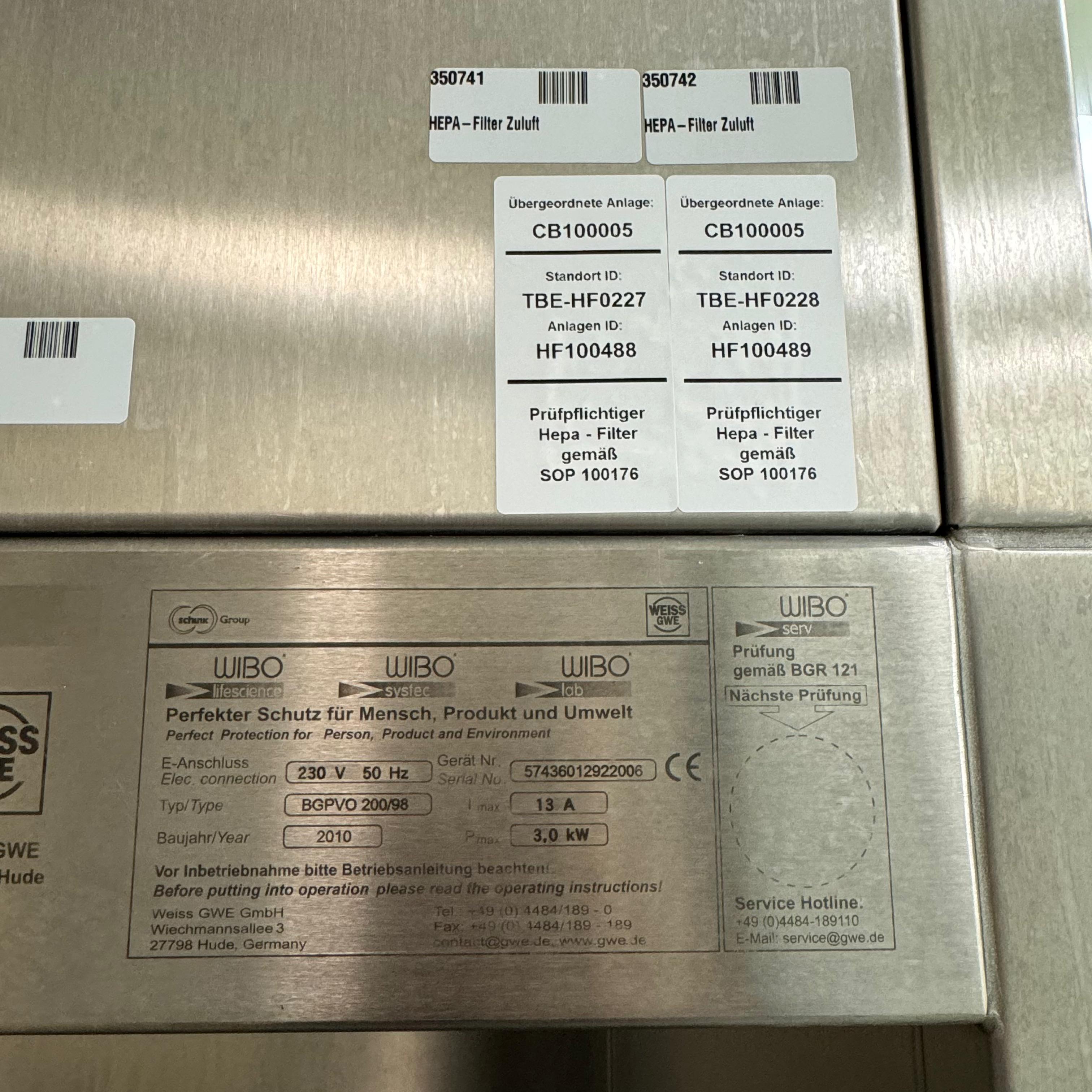 Used Wibo Barrier Cell Laboratory - Weiss Gwe - BGPVO 200/98 - GR013