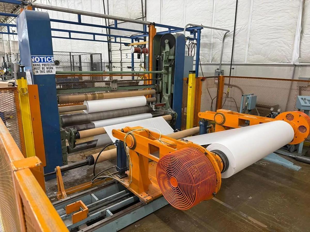 Used 84" Shanks Two Drum Slitter Rewinder with Shaftless Floor Pick Up Unwind Stand