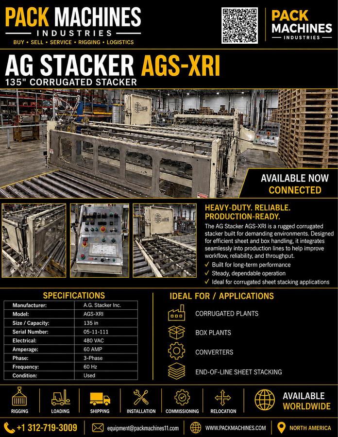 Used AG Stacker Inc. AGS-XRI 135" Flexi-Deck Corrugated Stacker – 480V – For Sale