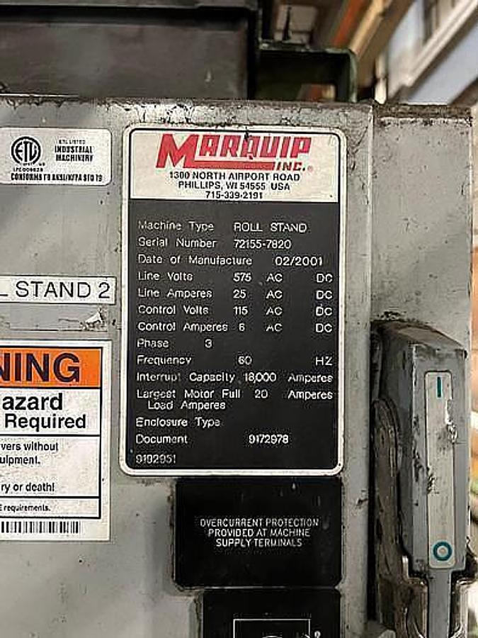 Used Marquip 112" x 60" Dia. Dual Shaftless Floor Pickup Unwind Stand