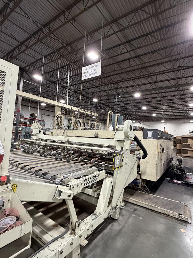 Used Workhorse 66” x 135” 2-Color Rotary Die Cutter SPECIAL OFFER: Dismantled & Loaded