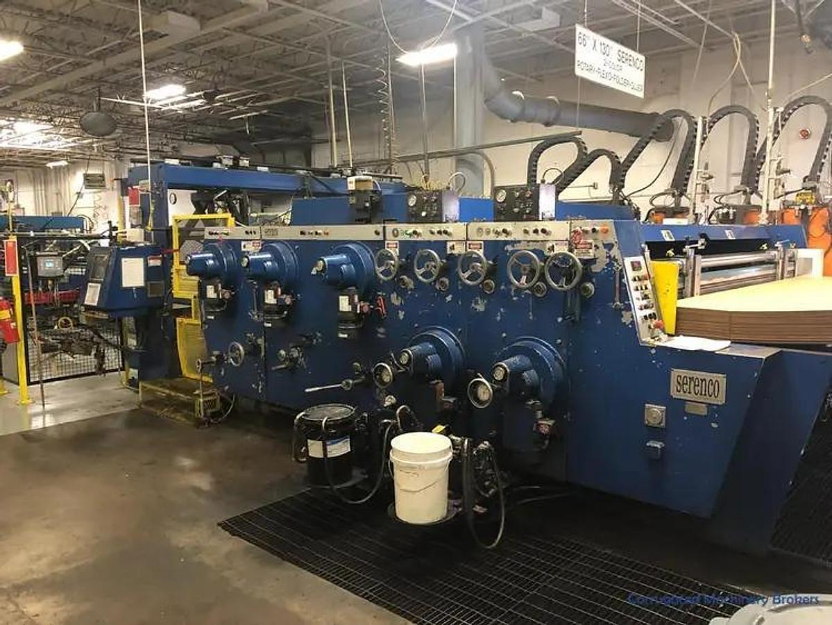 Used Serenco 66" x 130" Folder Gluer with 2 Color Flexo and Inline Rotary Die-Cutter