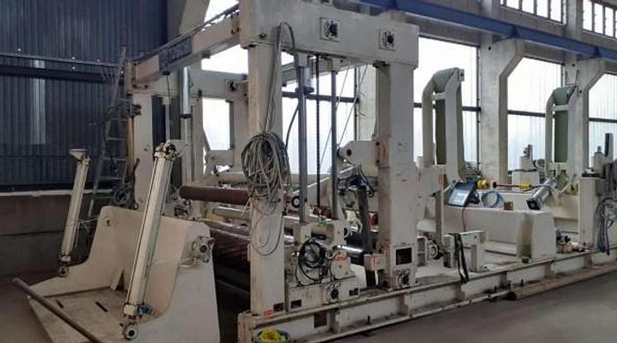 Used 104" (2.65M) Toschi Two Drum Tissue Slitter Rewinder 3 Unwind Stands
