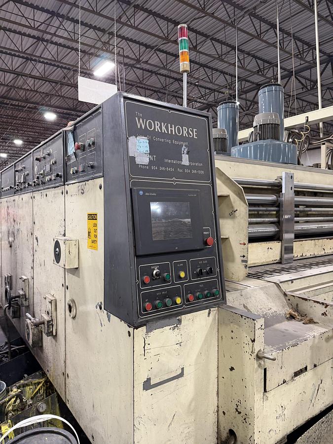 Used Workhorse 66” x 135” 2-Color Rotary Die Cutter with AGS XRI stacker