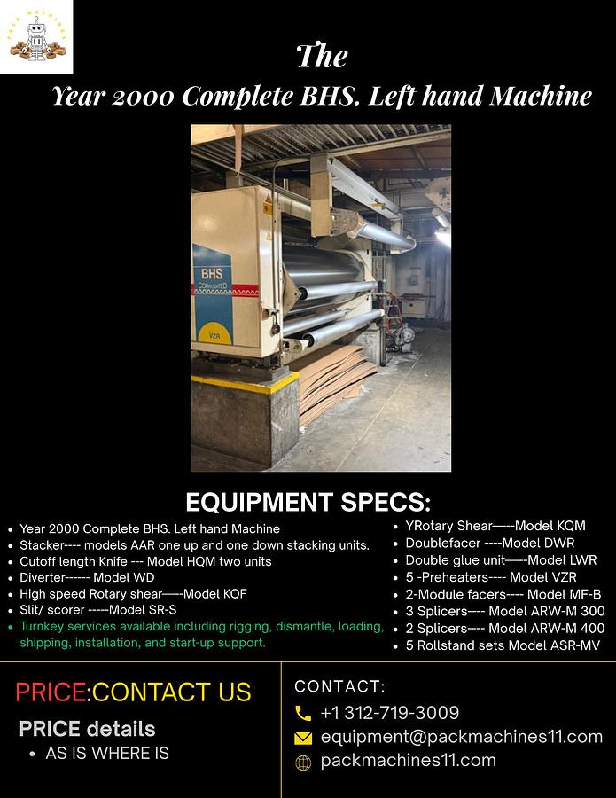 Used 2000 Complete BHS Left-Hand Corrugator Line – 2017 Slitter Scorer, Siemens S7 Controls & 2025 Web Guide Upgrades