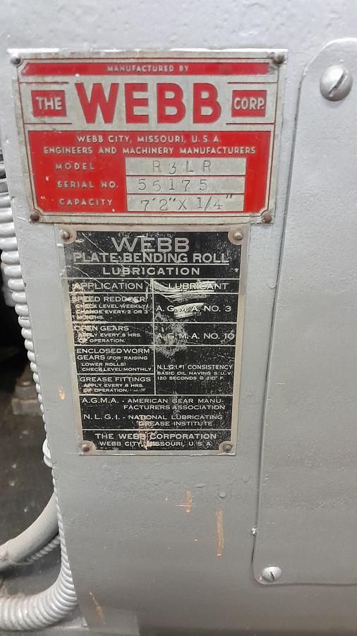 Used Webb 7’2” x 1/4” Plate Bending Roll | Model R3LR | 86” x .250” 3-Roll Plate Roller