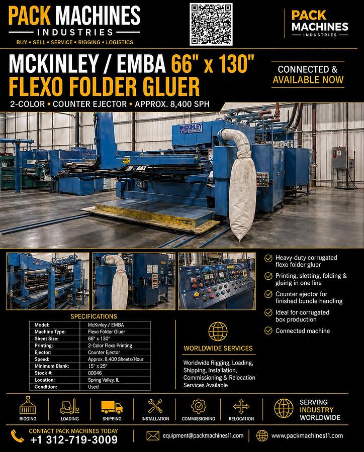 Used McKinley: 66" x 130" 2-Color Flexo Folder Gluer with Counter Ejector