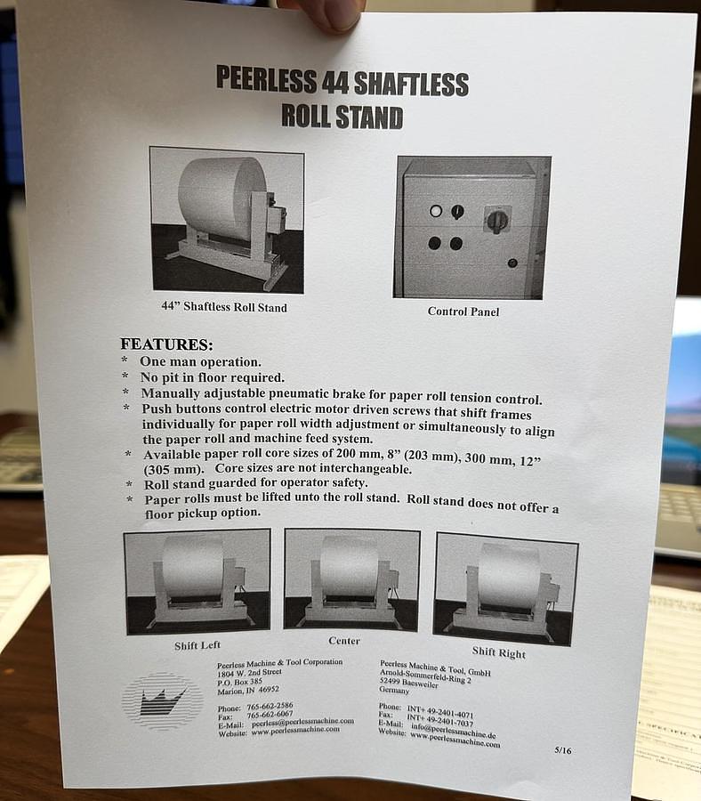 Used 44" Peerless Shaftless Roll Unwind Stand 72" Diameter (30 Units Available)