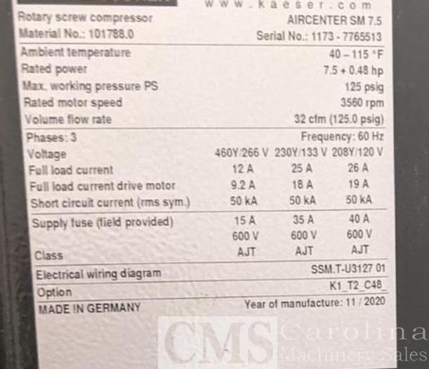 Used 2020 Kaeser Aircenter SM 7.5 Rotary Screw Compressor & Dryer