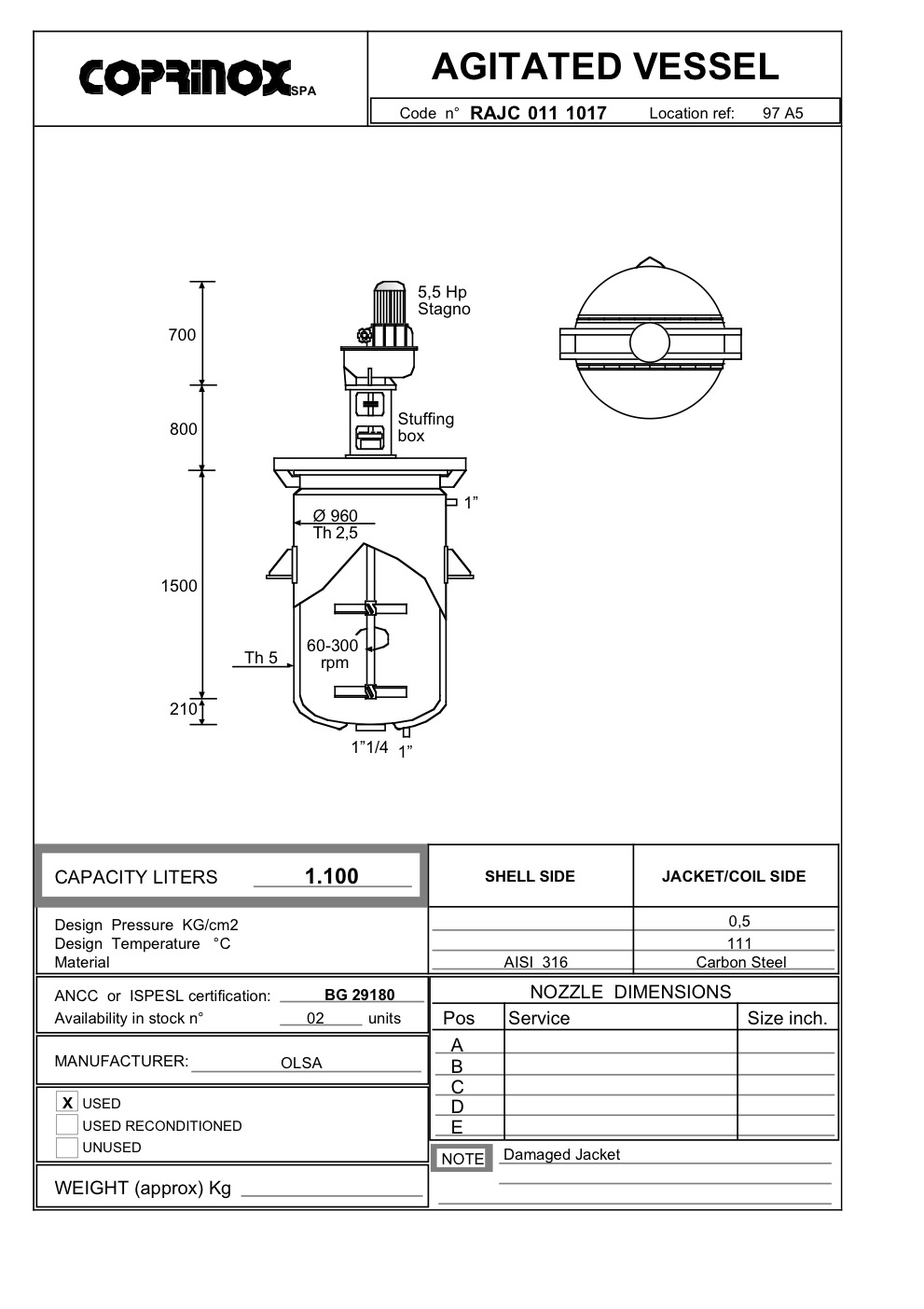 Used 1100 liter OLSA reactor / mixer