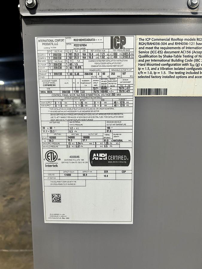 Used International Comfort Products RGS180HECA0AATA