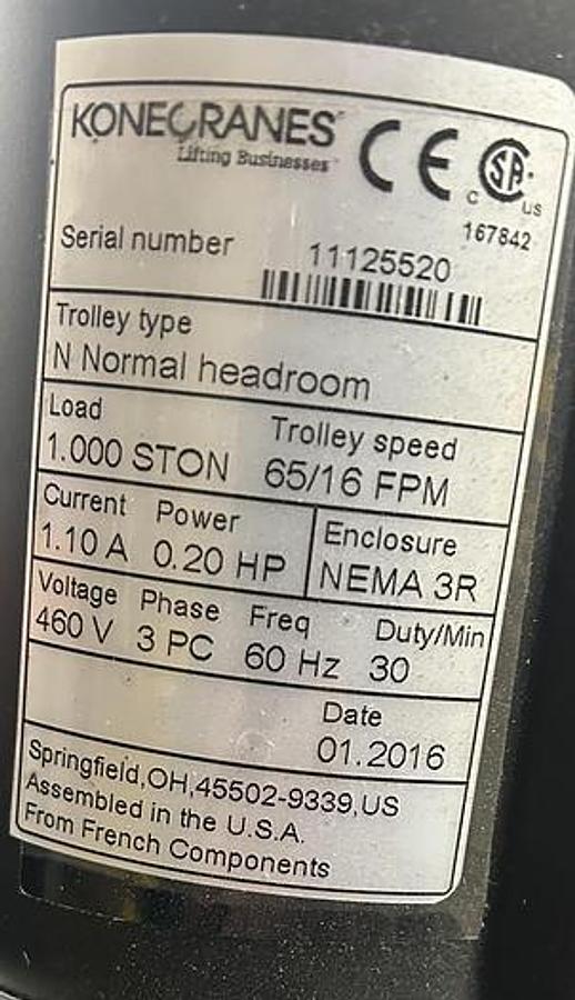 Used 2016 KoneCranes Spanco 1 ton