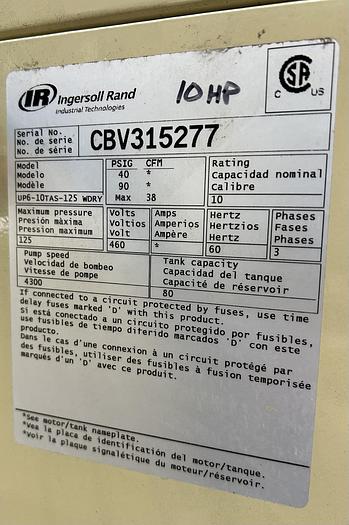 Used 2015 Ingersoll Rand UP6-10TAS-125 WDRY