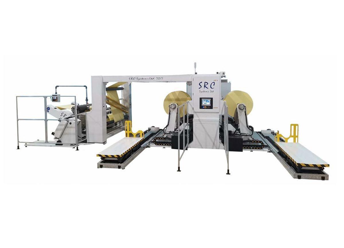 Used 84" WIDE NEW SRC SYSTEMS LTD MODEL 750CS CENTER SURFACE SLITTER WITH UNLOADING