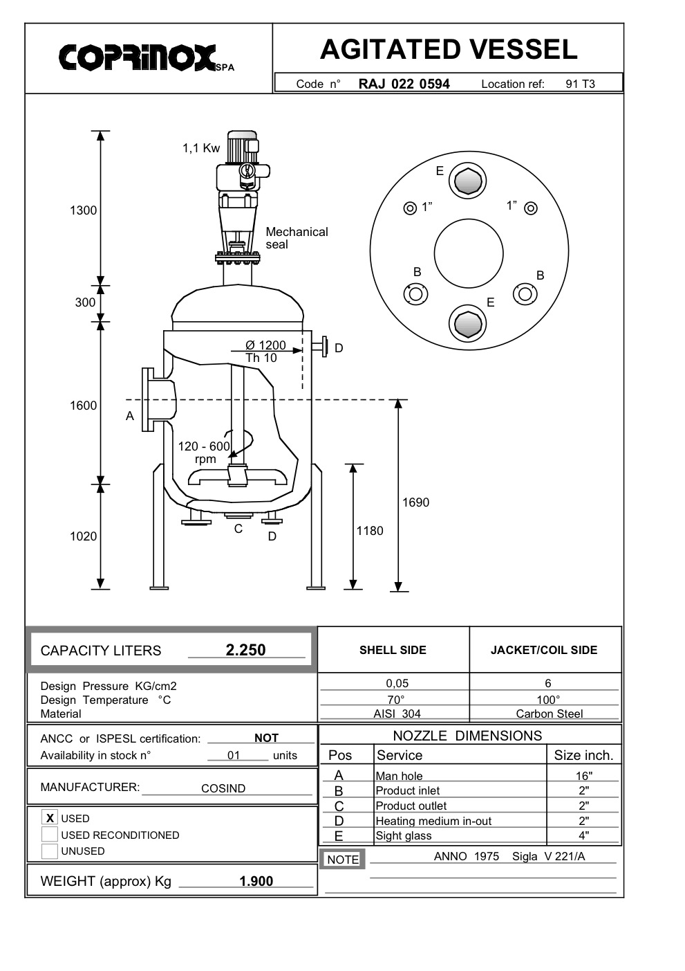 Usato Reattore COSIND da 2.250 Litri