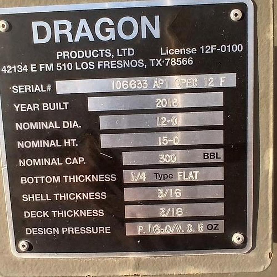 Used Dragon 300BBL Vertical Storage Tanks - 12’ x 15’, Carbon Steel, Flat Bottom, Used Basic Refurb, 2018