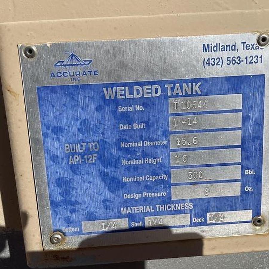 Used Accurate Inc 500BBL Vertical Storage Tanks – 15’6” x 16’, Carbon Steel, Flat Bottom, Used Basic Refurb, 2014