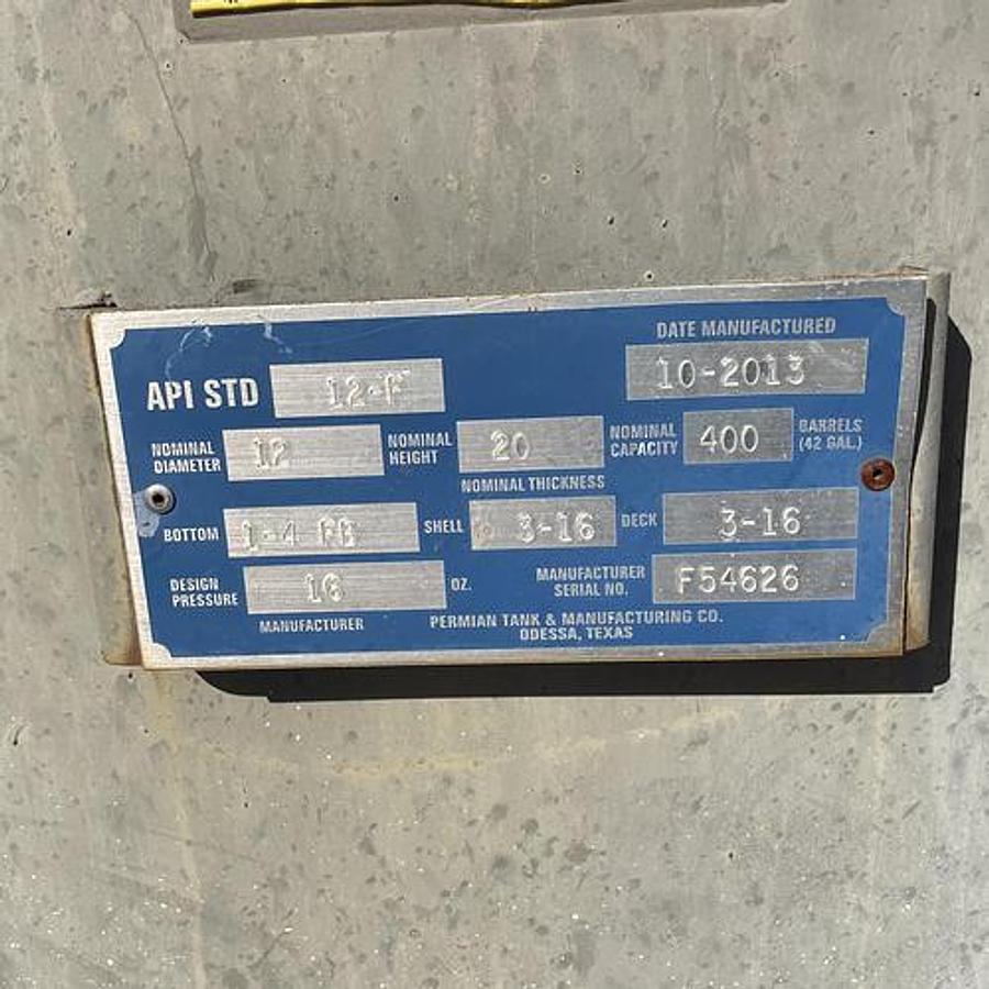 Used Permian Tank 400BBL Vertical Storage Tanks - 12’x 20’, Carbon Steel, Flat Bottom, Used Basic Refurb, 2013